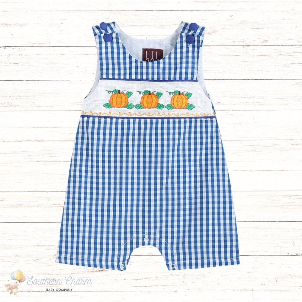 Baby Boy Blue Gingham Embroidered Pumpkin Smocked Shortalls Thanksgiving